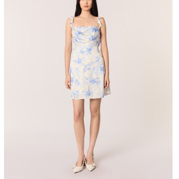 Maje Romentic Blue Flower Print Ecru Base Mini Patterned Dress 36 | Small - Picture 1 of 10